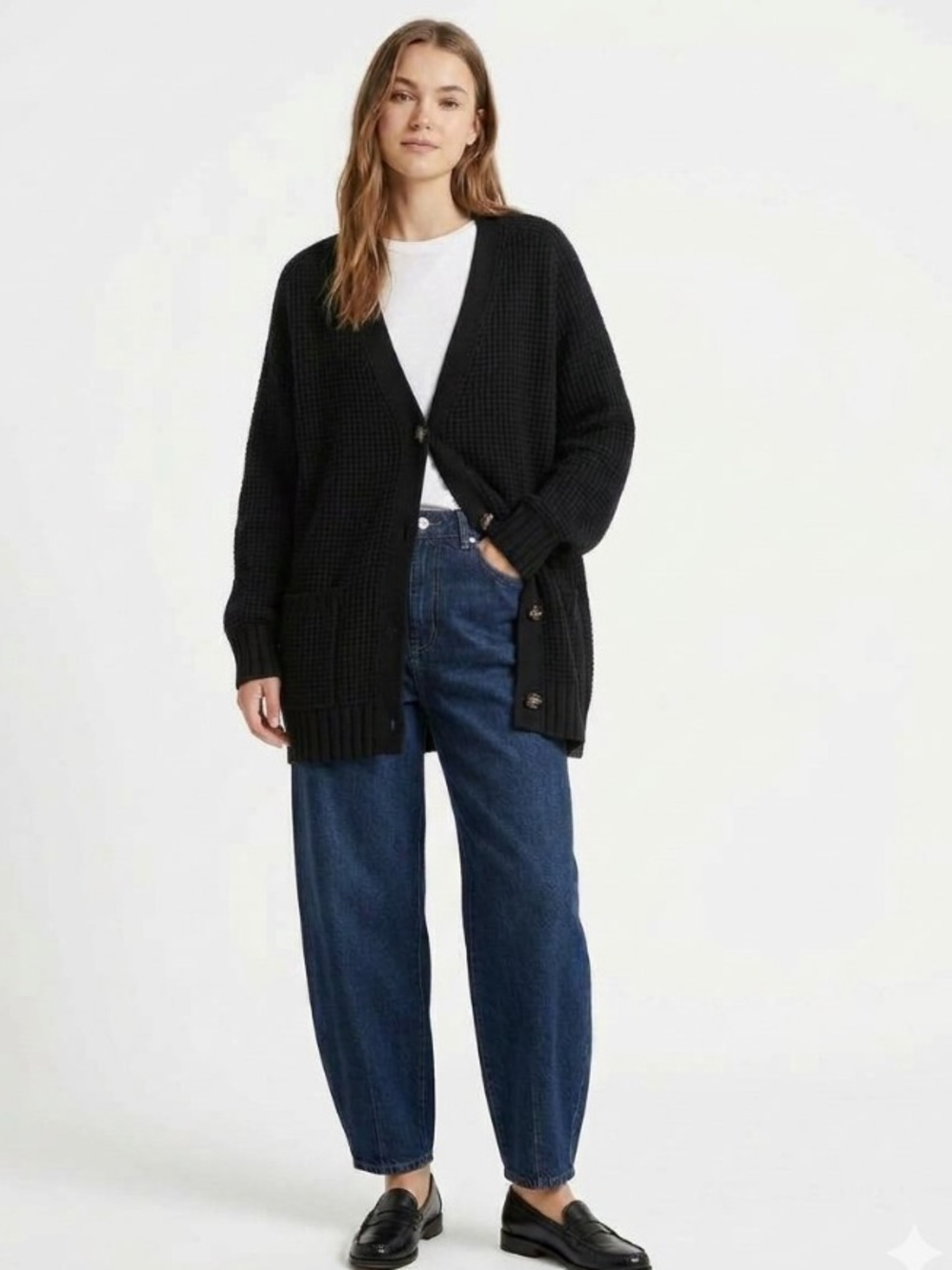 360 Cashmere Wool Blend Waffle Knit Oversized Boyfriend Cardigan Large Black